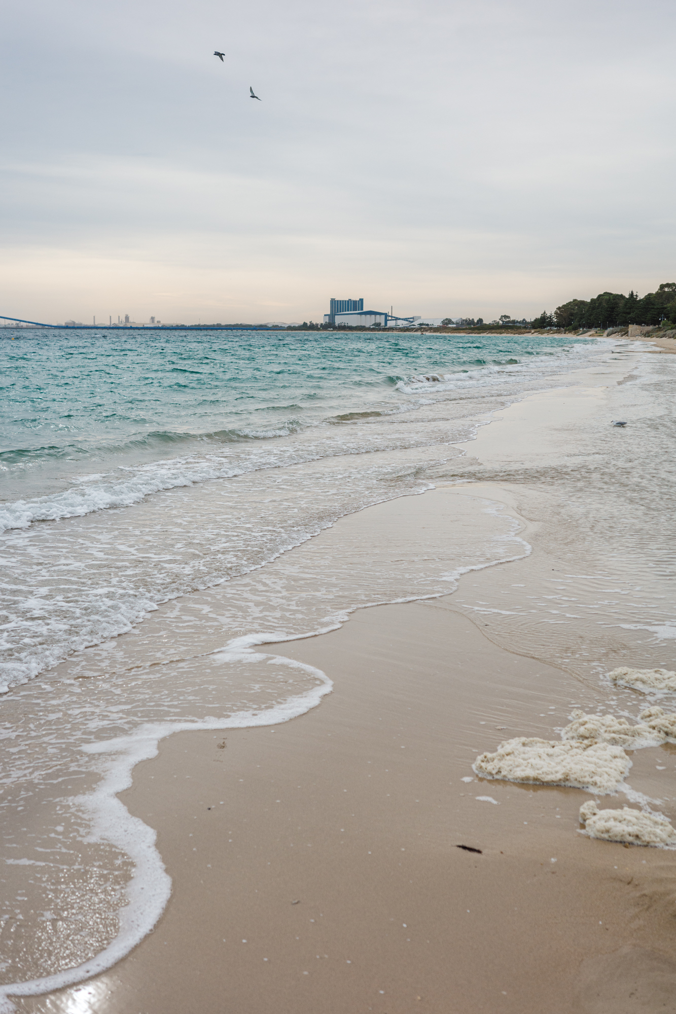 Auto-generated description: A serene beach scene with gentle waves lapping the shore, a cloudy sky above, and a distant building on the horizon.